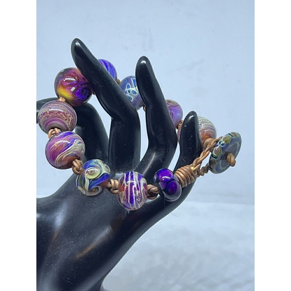 Santa Cruz Artist Made Lamp Worked Glass Bead Bracelet 9 3/4" OOAK Blue Purple - Picture 3 of 13